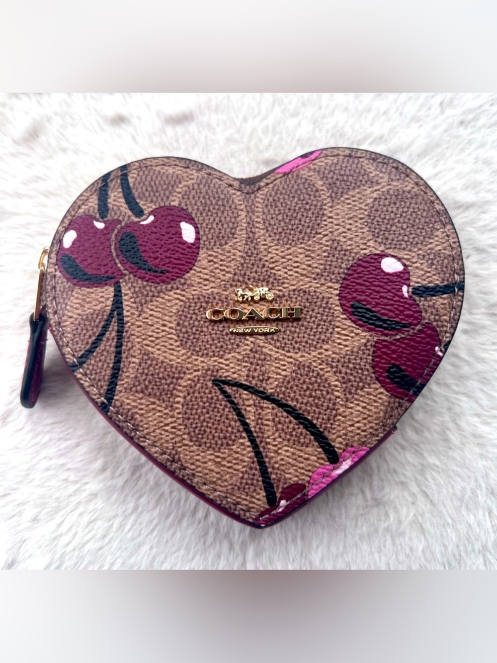 Coach CZ477 Leather Heart Coin Case With Cherry Print